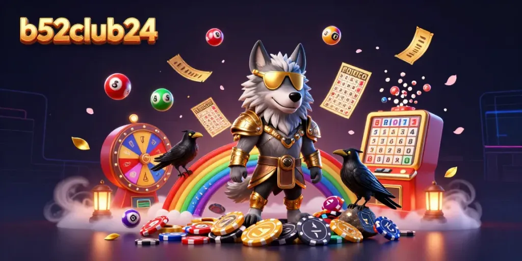 Experience the excitement at b52club24 with a vibrant casino-themed illustration featuring Odin and his ravens.