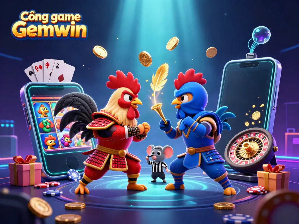 Experience the thrill of Cổng game Gemwin with dynamic 3D cartoon roosters battling in a vibrant casino scene.