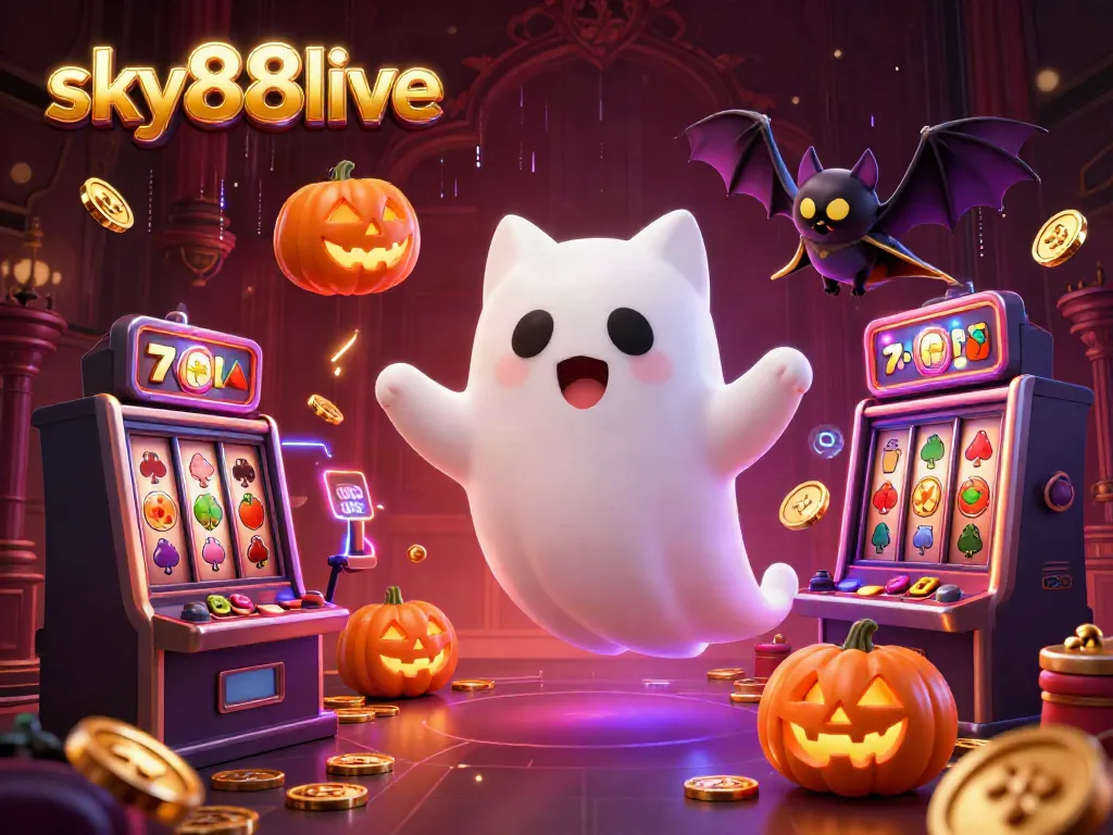 Experience thrills at sky88live with a playful ghost cat and vampire bat in a haunted casino scene.