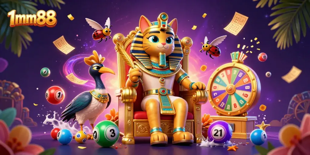 Experience the excitement of 1mm88 with playful lottery elements and a vibrant casino atmosphere.