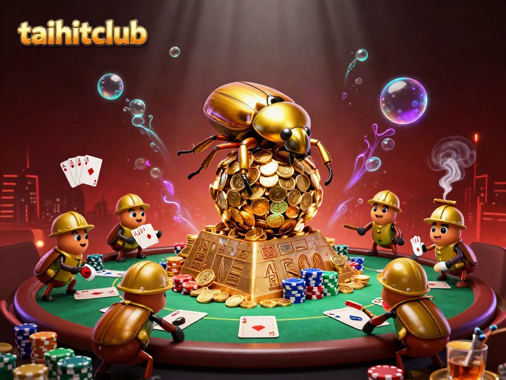 Engage in thrilling casino games at taihitclub while witnessing a vibrant scene of golden beetles and poker elements.