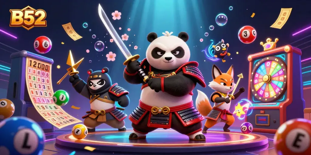B52 casino scene with a samurai panda, ninja fox, and spirit tanuki among colorful lottery elements.