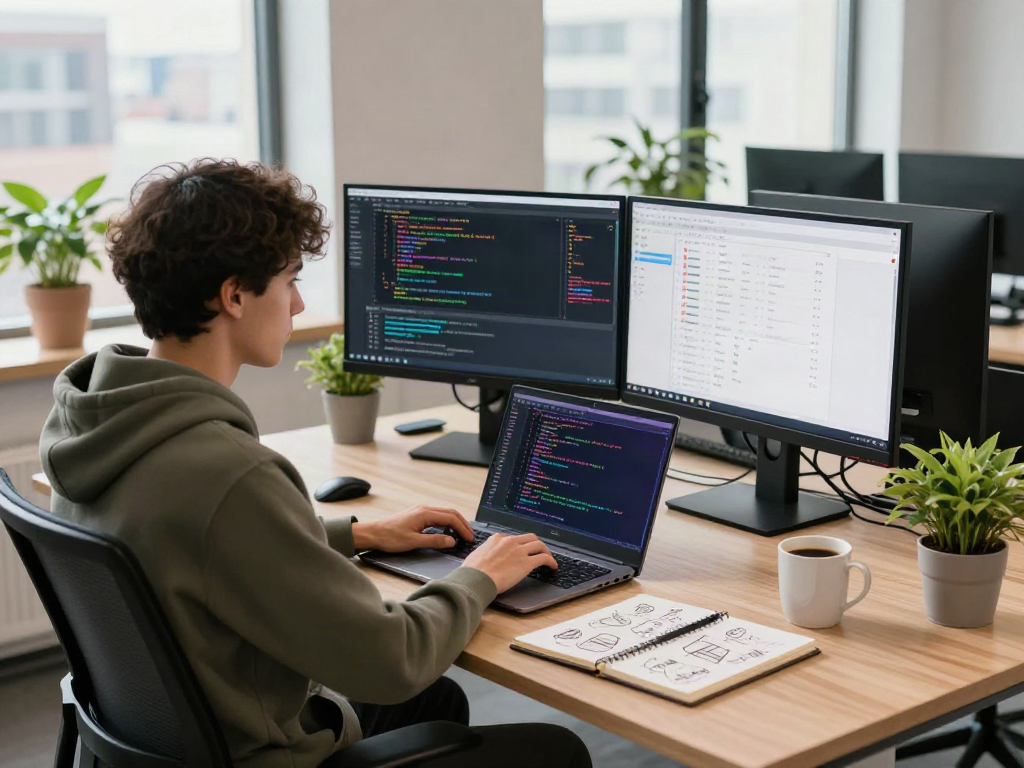 Développeur Atlas pro en action dans un bureau lumineux, codant sur un ordinateur portable avec des outils modernes.