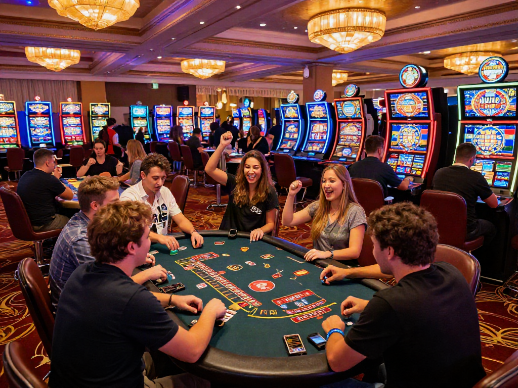 Expérience de casino en ligne sans wager, joueurs engagés autour de tables, ambiance festive.