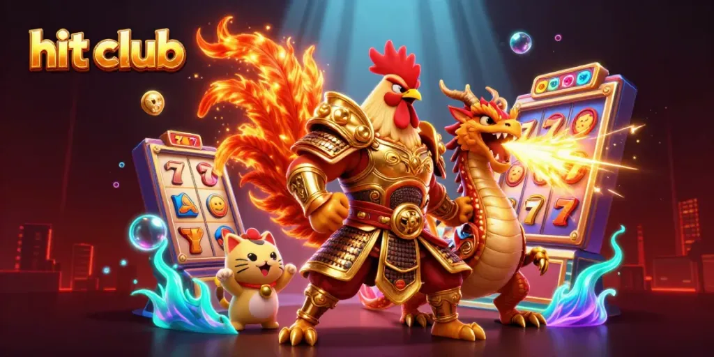 Experience thrilling action at the hit club with a powerful rooster warrior beside a dragon in a vibrant casino.