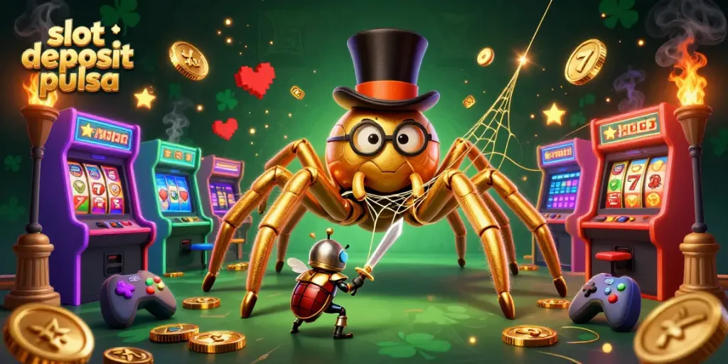 Engage in thrilling games at slot deposit pulsa with vibrant scenes featuring colorful slot reels.