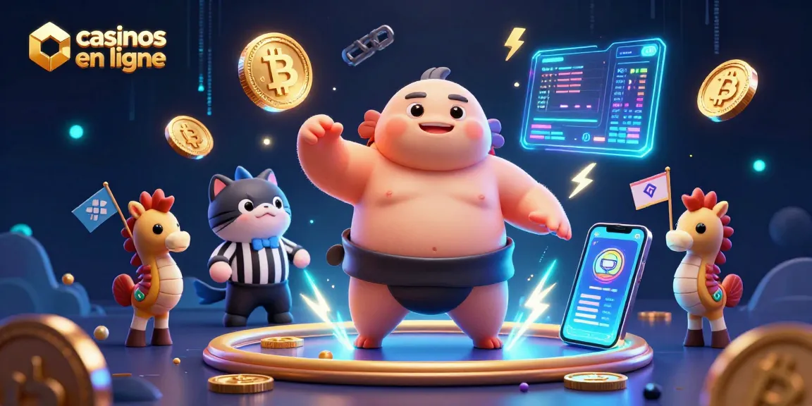 Découvrez les casinos en ligne avec cette illustration dynamique mêlant éléments de jeu et crypto-monnaies.