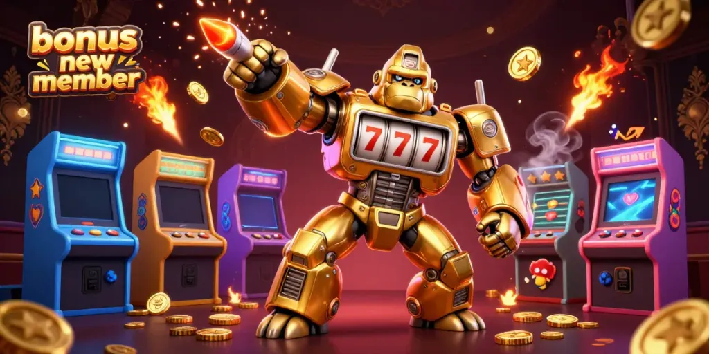 Engage with the vibrant bonus new member offering featuring a golden gorilla mech and dynamic gaming elements.