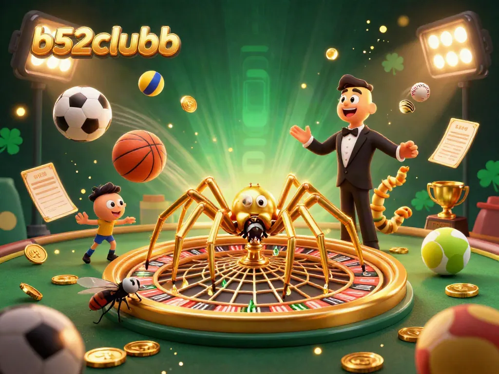 Engage in thrilling bets at b52clubb while a grand golden spider spins a roulette wheel web in a vibrant casino scene.