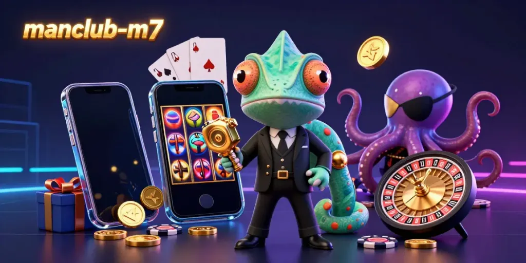 Engage with the thrilling slot games through manclub-m7's 3D rendition showcasing colorful gameplay and dynamic characters.