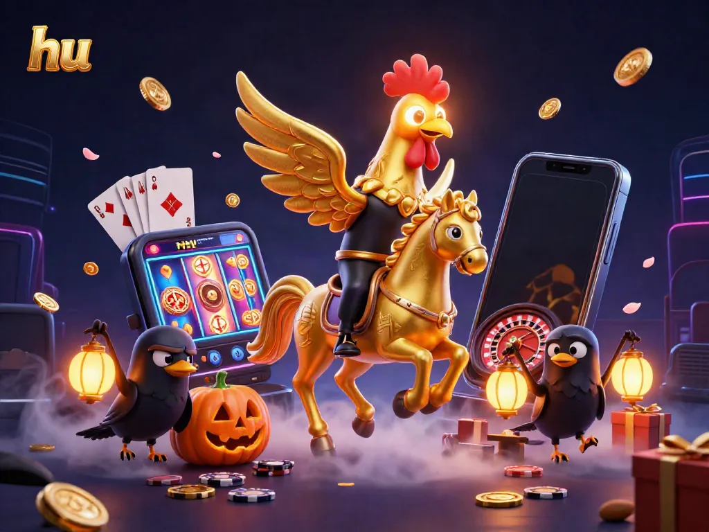 Engage in exciting gameplay at hu with a golden rooster riding a spectral horse surrounded by casino elements.