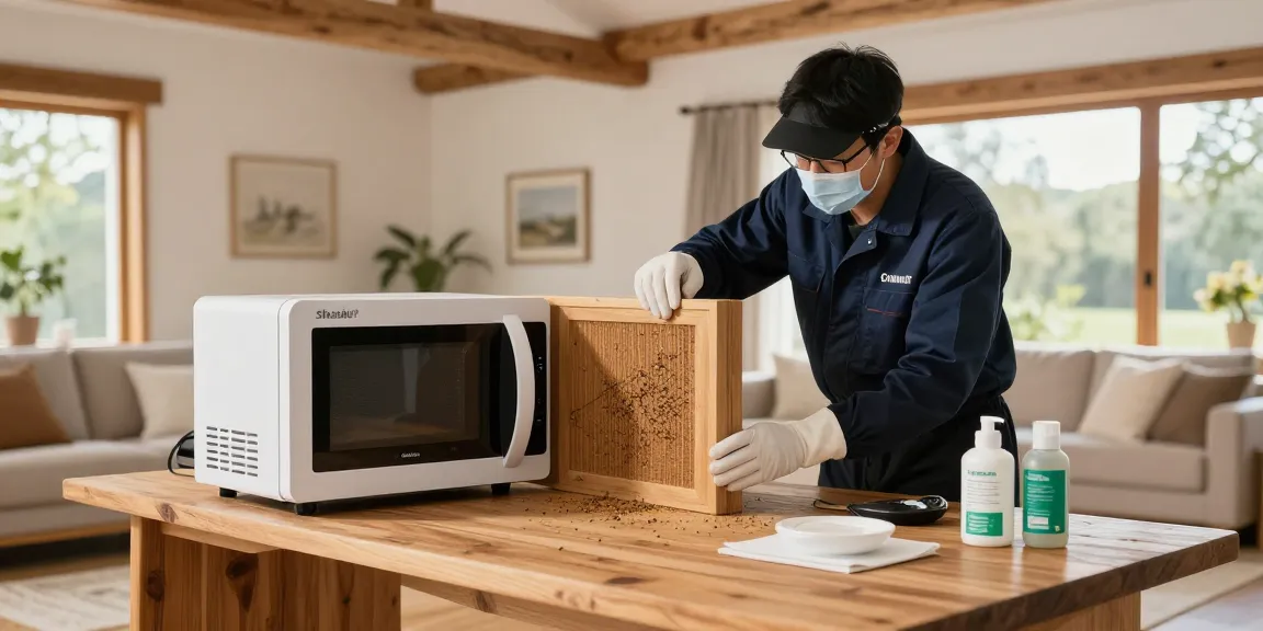 Traitement des vers à bois avec Shashel® dans un intérieur moderne, technicien en combinaison de protection.