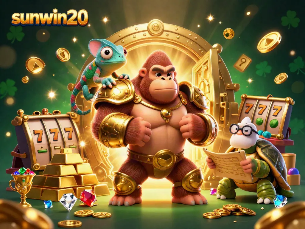 Engage with sunwin20’s vibrant casino scene showcasing a king gorilla and treasure.