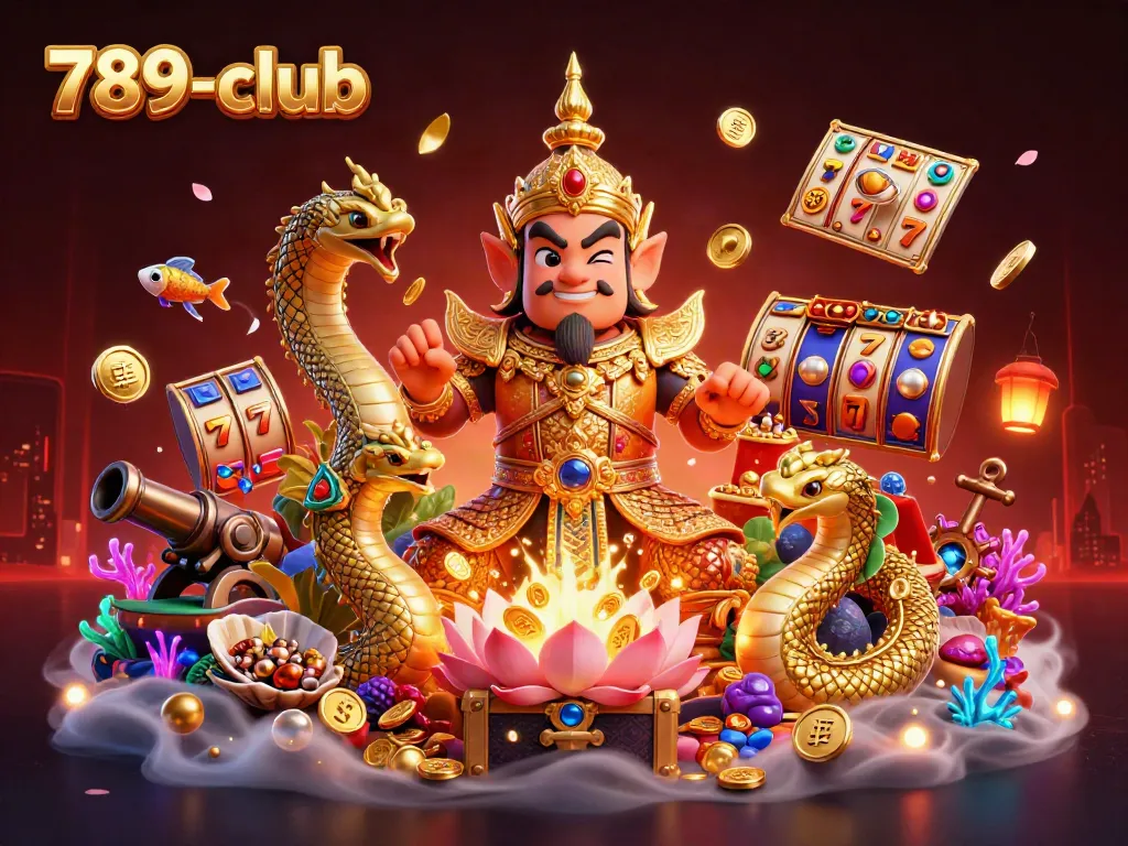 Engage in vibrant 789-club gameplay with a dynamic scene of legendary guardians and casino elements.