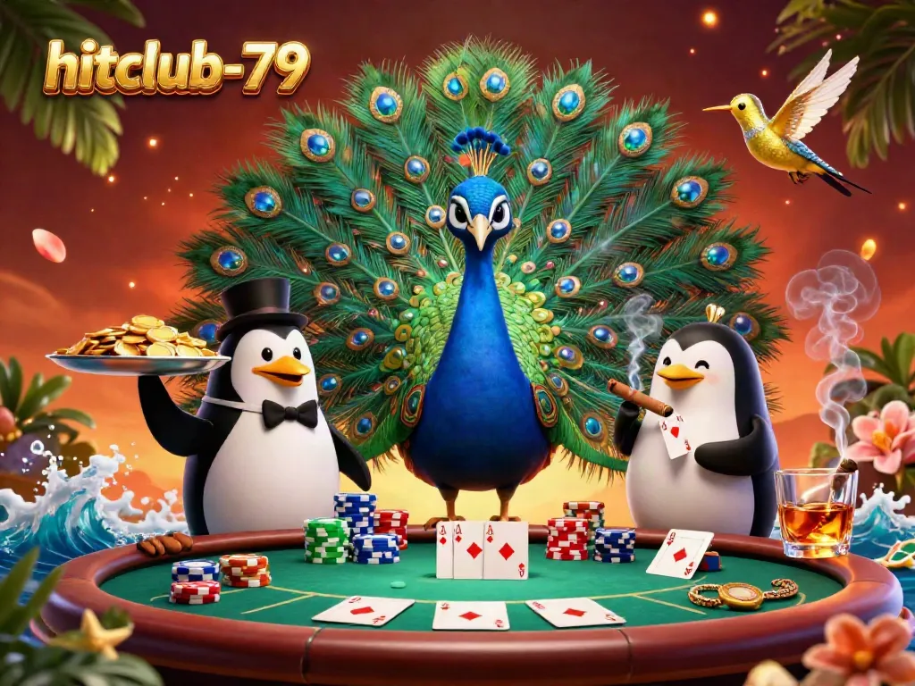 Engage in thrilling poker action at hitclub-79 with an opulent casino scene featuring ornate characters and vibrant game elements.