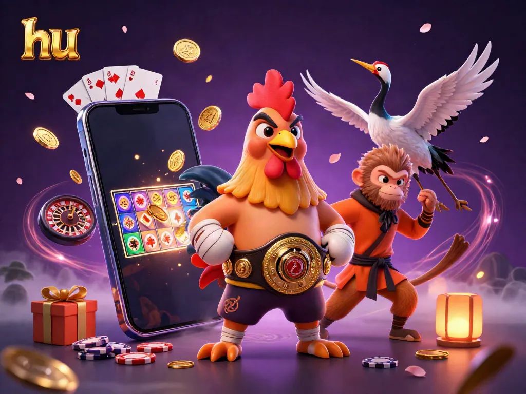 Engage with hu's exciting slots and games through a vibrant 3D illustration featuring diverse characters in action.