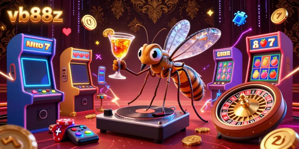 Experience vibrant gaming at vb88z with a dynamic 3D casino scene featuring unique characters and elements.