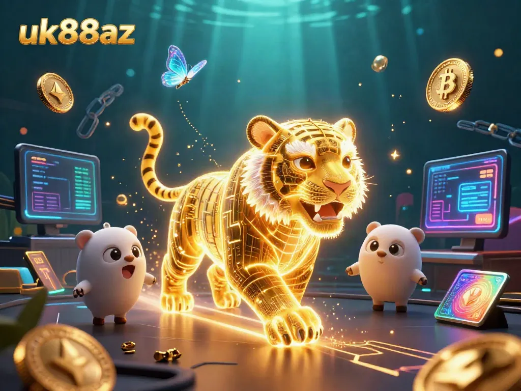 Experience thrilling bets at uk88az with a neon-wireframe tiger in a digital casino scene.