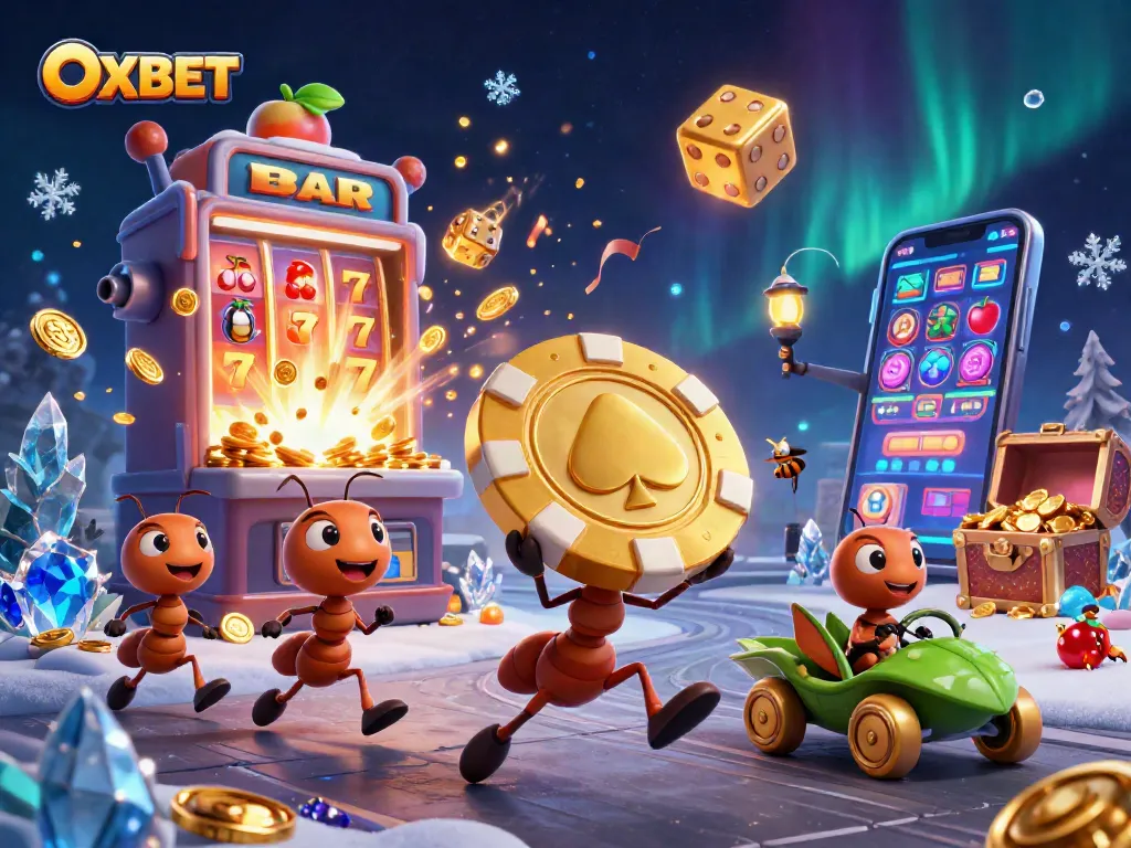 Experience the thrill of OXBET with ants heisting a giant poker chip among casino elements.