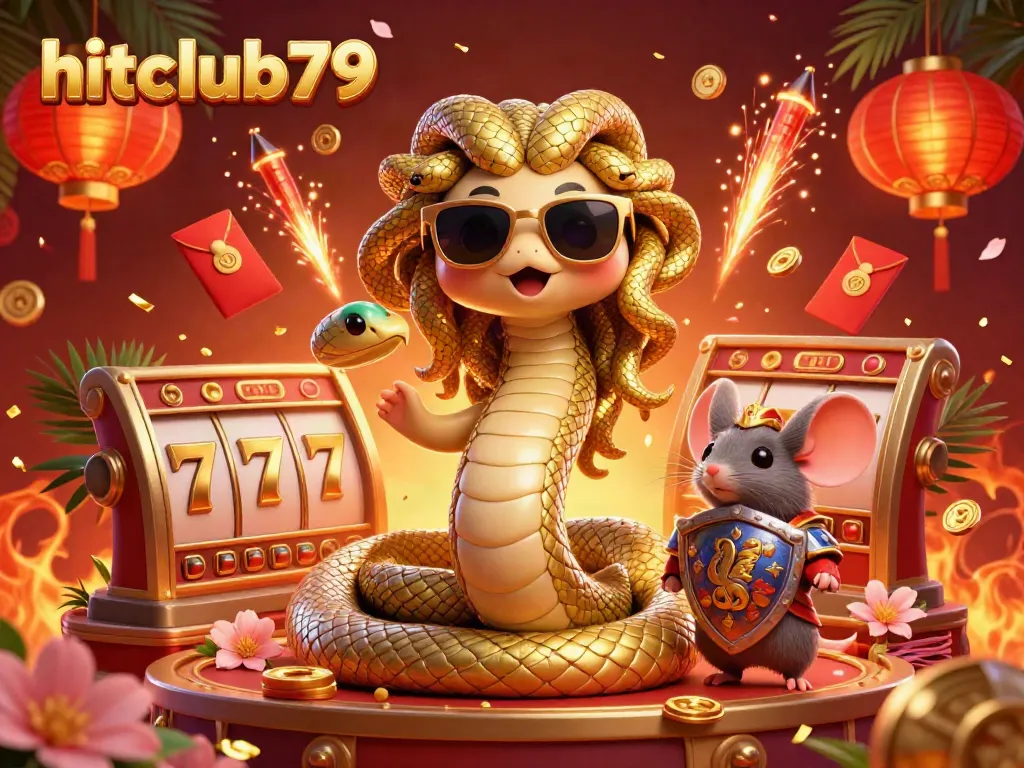 Engage with hitclub79's lively atmosphere featuring Medusa and a warrior mouse in a vibrant casino setting.