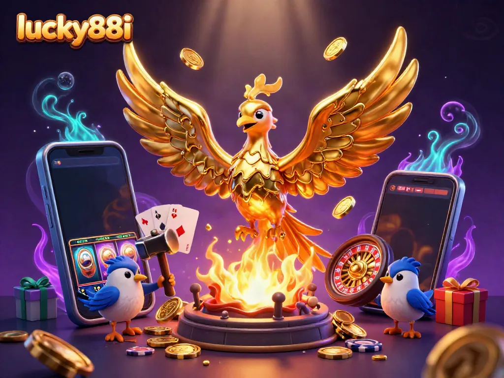 Experience winning fortunes at lucky88i with a molten golden phoenix emerging amidst dynamic casino elements.