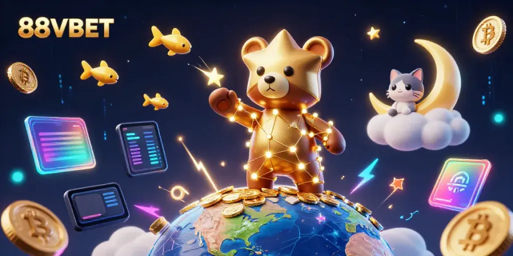 88VBET constellation bear gathering coins in a vibrant casino-themed digital sky