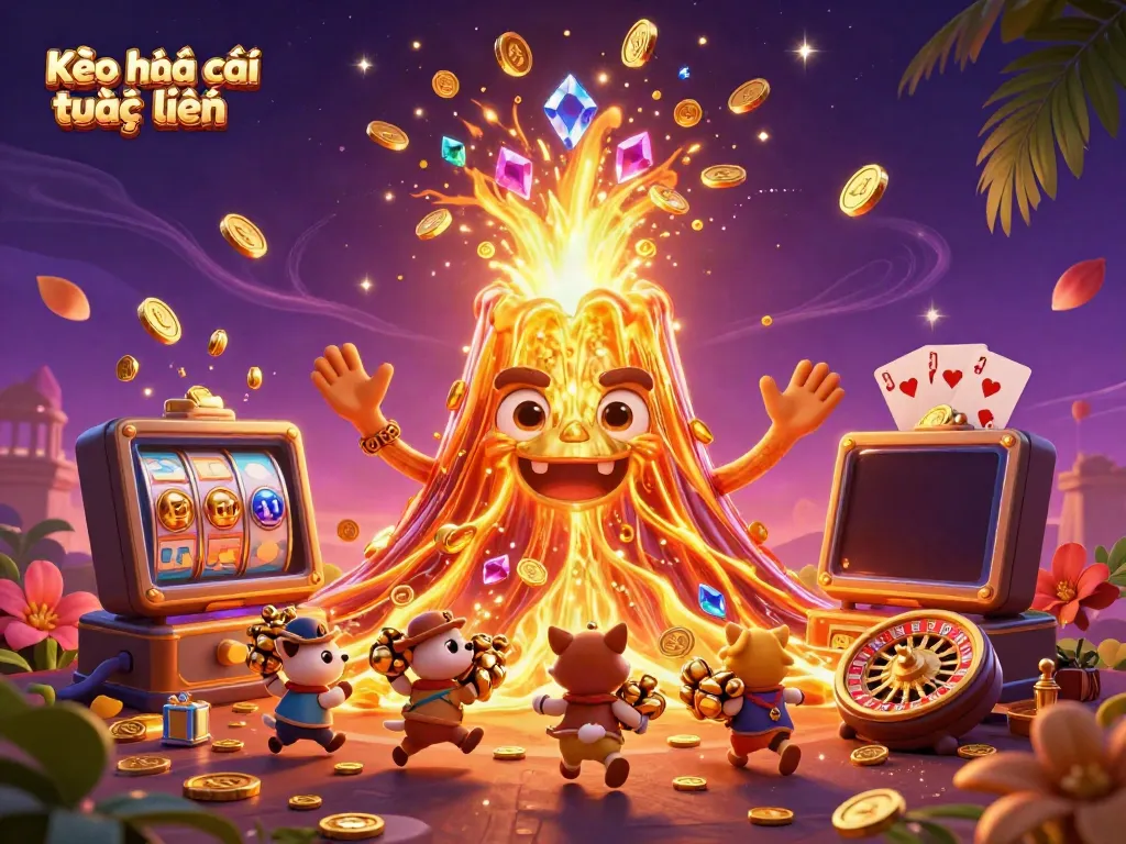 This vibrant scene illustrates Kèo nhà cái trực tuyến with a golden volcano erupting coins while animals flee with treasure, showcasing dynamic elements.