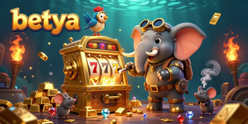 Experience the thrill at Betya Casino with a vibrant steampunk-themed scene of gold, jackpots, and dynamic gameplay.