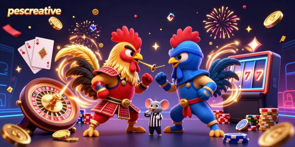 Experience thrilling cockfighting with pescreative's dynamic visual of roosters clashing amidst cascading gambling elements.