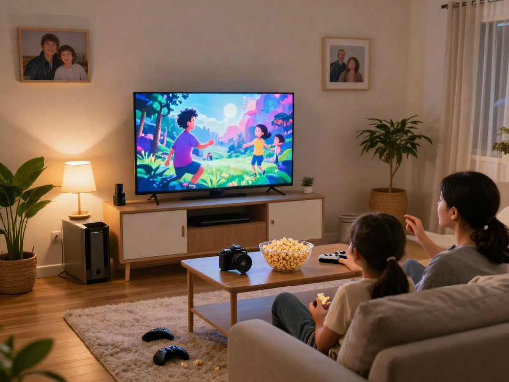 Scène chaleureuse de la famille profitant d'un film ensemble dans leur salle de médias avec Iron tv pro.
