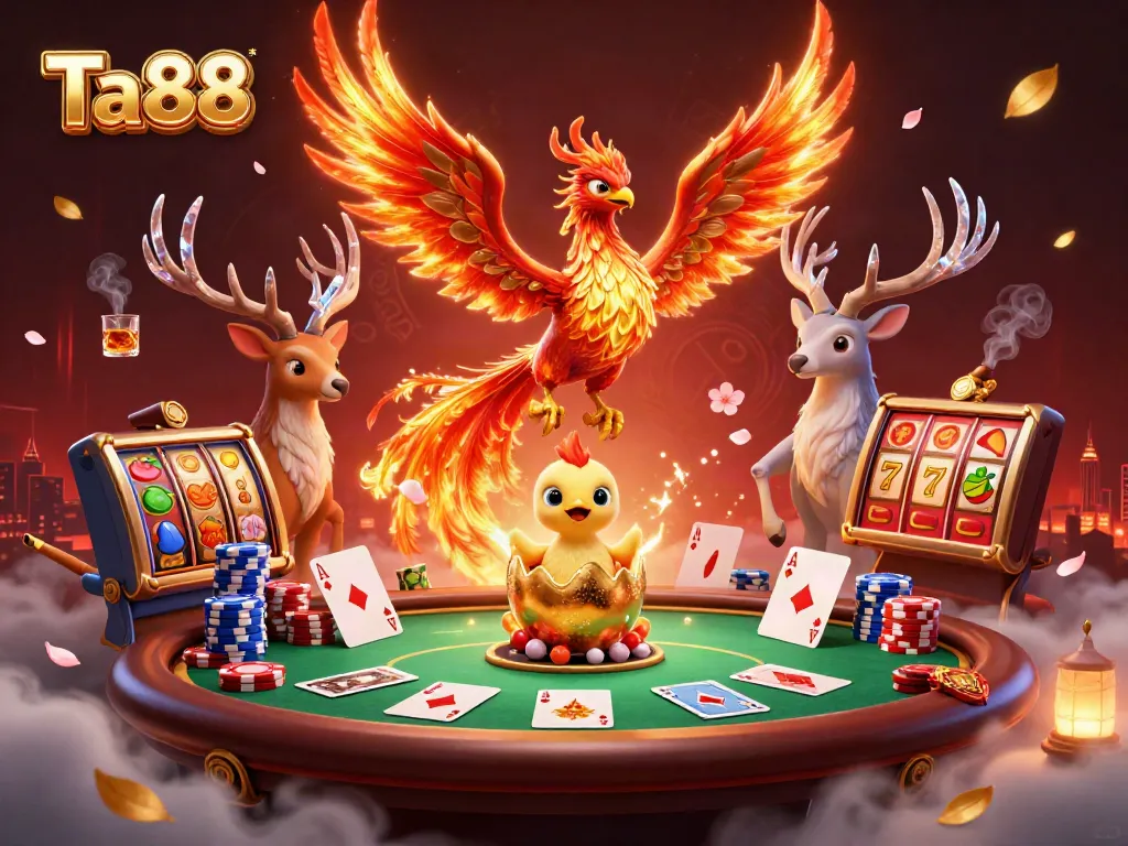 Engage in thrilling gameplay with Ta88, featuring a majestic phoenix, hatching chick, and mystical stag in a vibrant casino scene.