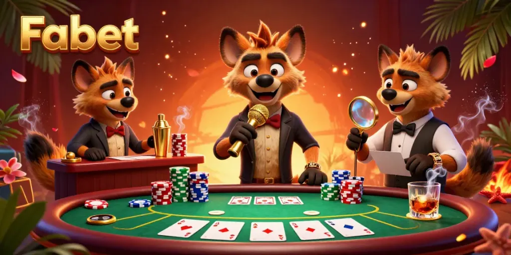 Experience the thrill of winning at Fabet's vibrant casino with hyenas engaging in comedy and cocktails.