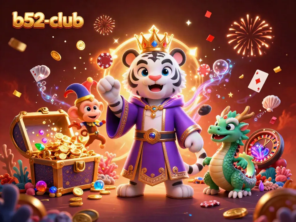 Experience the excitement of b52-club with a vibrant 3D illustration showcasing a royal tiger, juggling monkey, and casino elements.