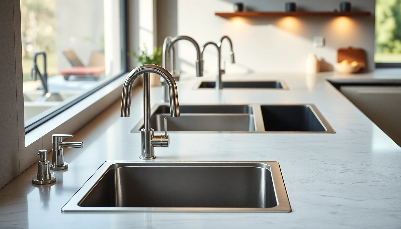 Explore various spoelbakken styles in a contemporary kitchen, showcasing elegant designs in different materials.