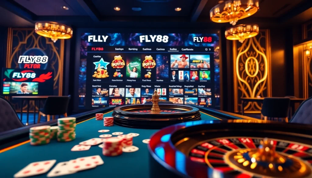 Experience the luxury of online gambling with FLY88's immersive casino scene featuring roulette and poker.