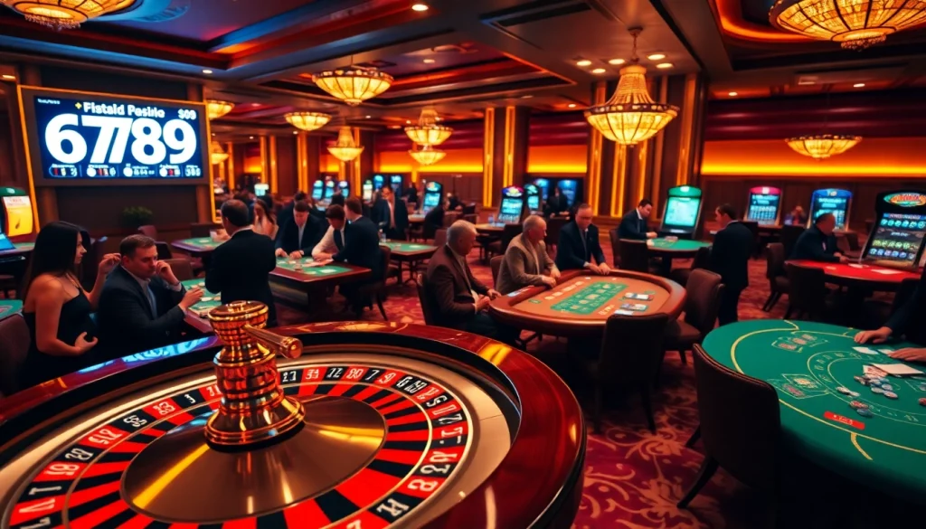 Gamblers enjoying a thrilling casino experience at 6789 with a roulette wheel and poker tables.
