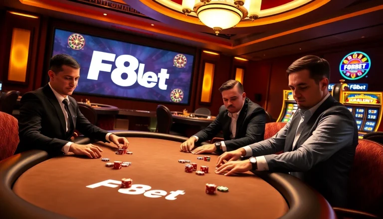 Experience the excitement of F8Bet's poker table amidst a luxurious casino atmosphere.