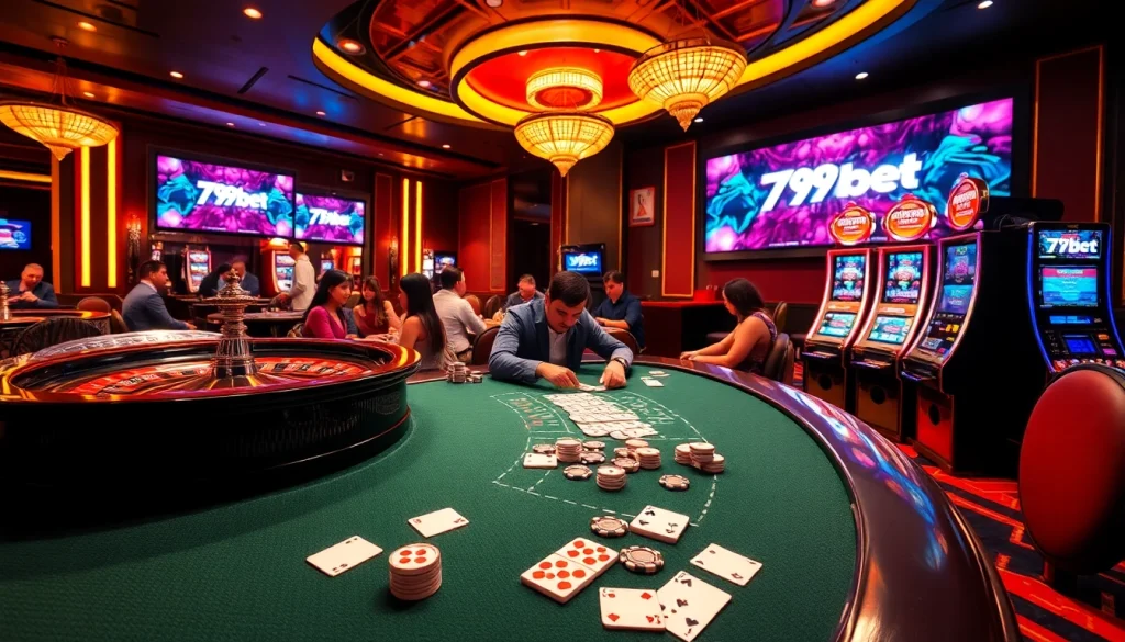 Engage in thrilling games at 789bet com with poker tables and roulette wheels in a vibrant casino scene.