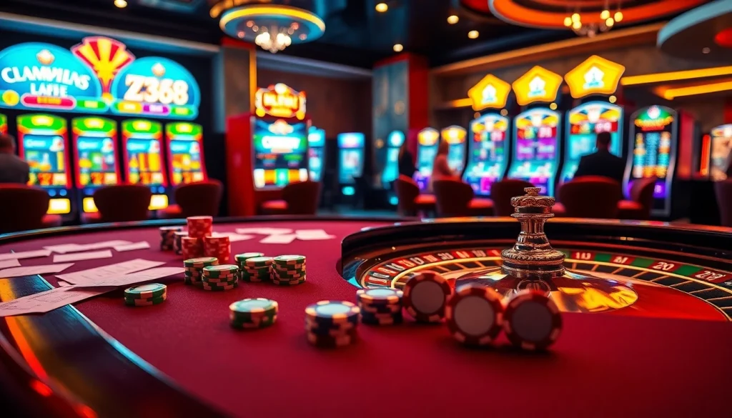 ZB368 players enjoying a thrilling game at a luxurious casino table surrounded by vibrant slot machines.