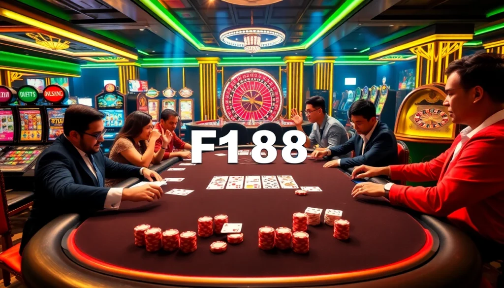 Experience intense gameplay at F168's luxurious casino scene with poker chips and cards.