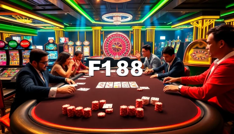 Experience intense gameplay at F168's luxurious casino scene with poker chips and cards.