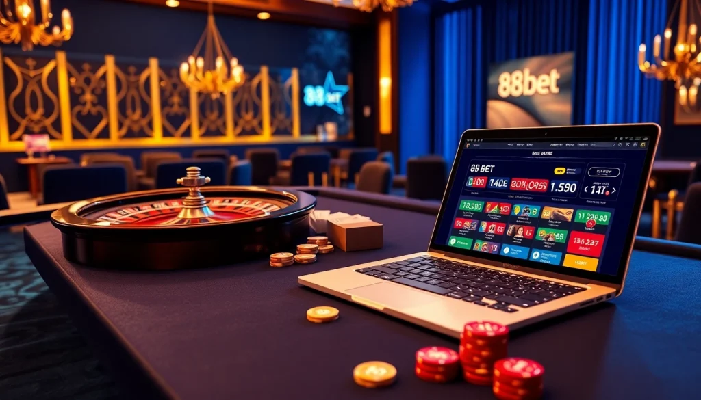 Experience the excitement of 88bet with a vibrant casino scene showcasing poker, roulette, and online gaming.