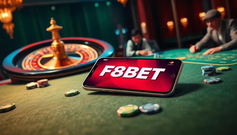 Betting excitement at https://f8beta2.support/ with vibrant casino scene featuring roulette and poker games.