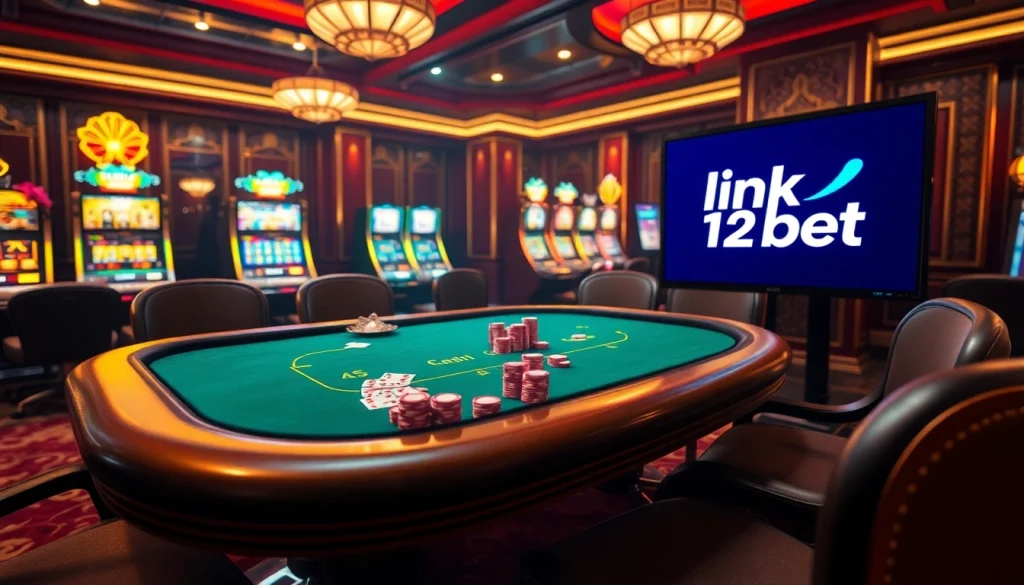 Link 12bet displayed on a vibrant poker table in a luxurious casino scene.