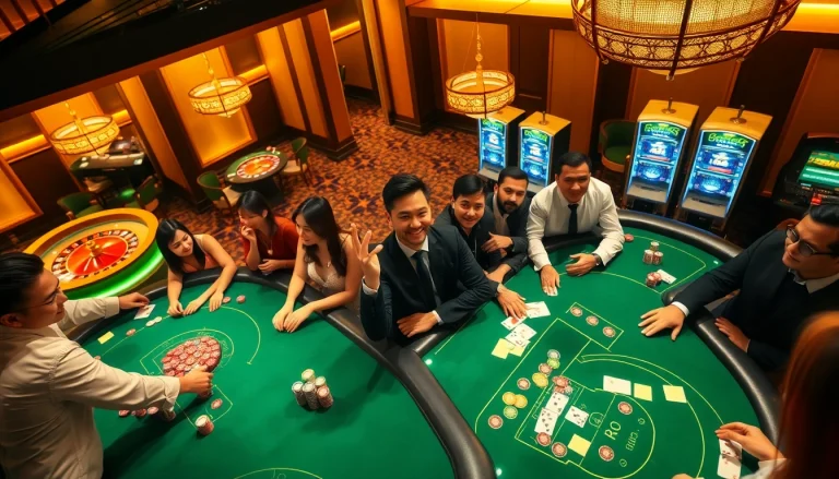 GACAM888 players enjoying intense card games in a luxurious casino atmosphere.