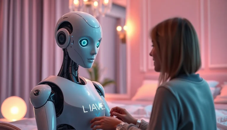 The AI sex bot engaged in a captivating conversation in a warmly lit modern setting.