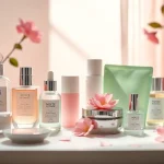 K Beauty Sverige hudvårdsprodukter fint arrangerade för en elegant och inbjudande visning.