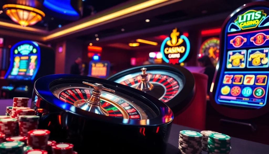 Experience the thrill of s8s8 at a luxurious casino table featuring poker chips and roulette wheels.