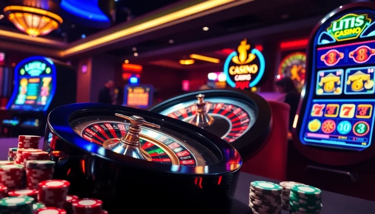 Experience the thrill of s8s8 at a luxurious casino table featuring poker chips and roulette wheels.