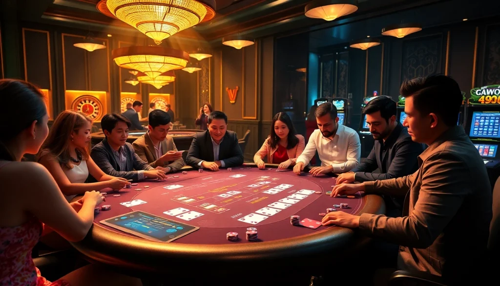 Players enjoy a thrilling game of poker at an NK88 casino table, showcasing luxury and excitement.